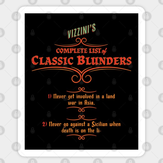 Vizzini's Complete List of Classic Blunders Sticker by CuriousCurios